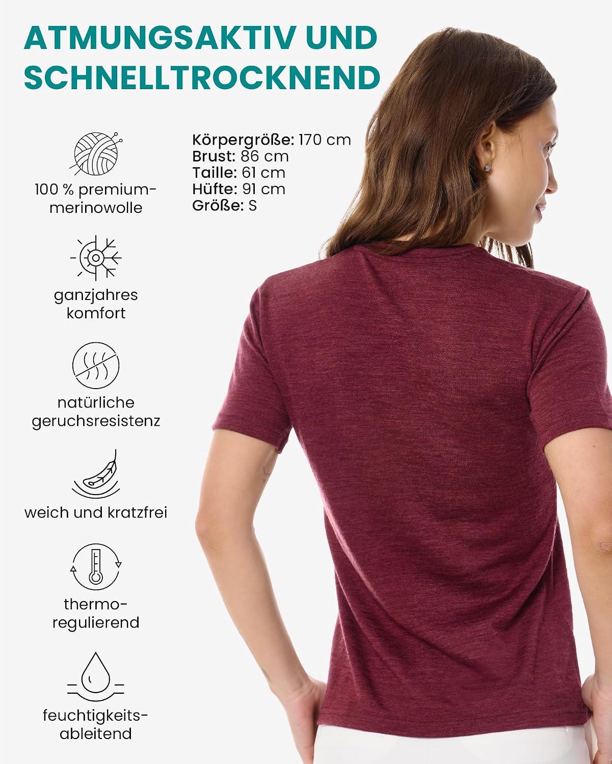 Detalle 2 de Merino.tech Damen Merino-Shirt 100% Merinowolle (Kurzarm) für Wandern