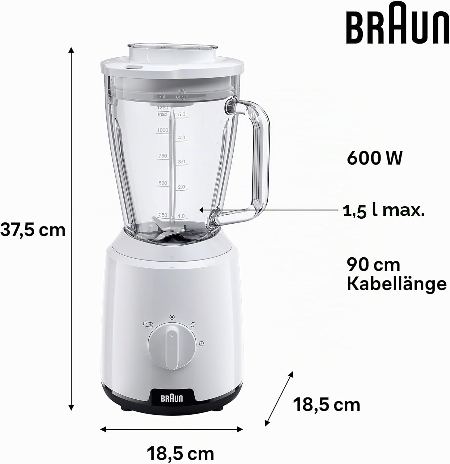 Detalle de Braun PowerBlend 1 JB1050WH – Standmixer mit 1,5 l Glasaufsatz und Ice-Crush
