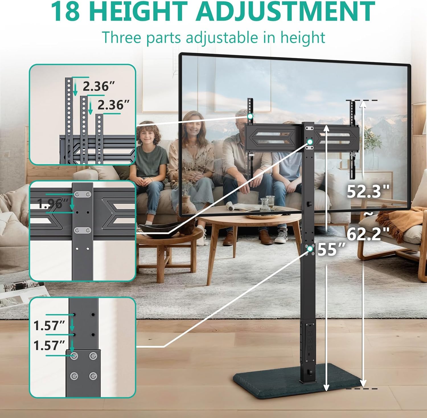 Thumbnail 2 de WALI Floor TV Stand with Power Outlet (TVDVD-7P) for 32–75" TVs up to 110 lbs, Swivel & Height Adjustable, Black