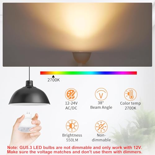 Detalle de YIIFELL Bombilla LED GU5.3 MR16 12V 5W – 550 lm, 2700K, Pack de 8