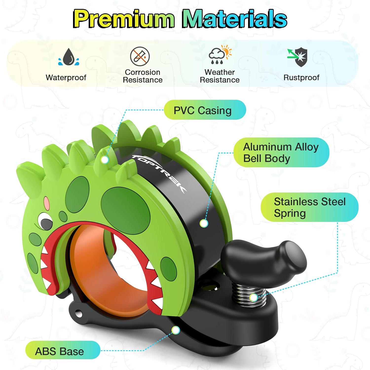 Detalle de toptrek Kids Bike Bell (95dB) Dinosaur Bell for Children’s Bikes & Scooters, Waterproof Alloy Bell
