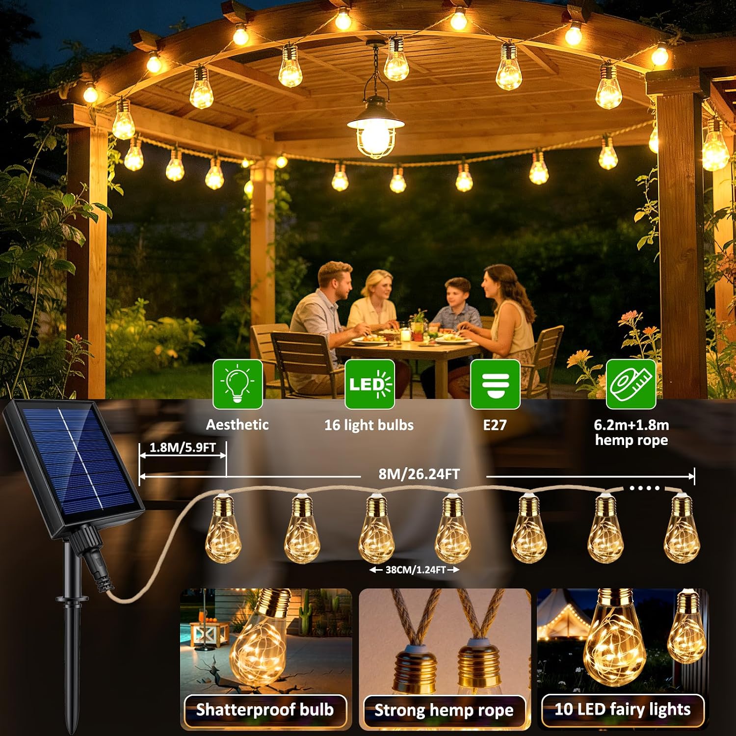 Detalle de Caldarax 8M 16 LED Catena Luminosa Esterno Solare – Decorazione a LED a scarica solare, 8 modalità, IP65, Bianco caldo