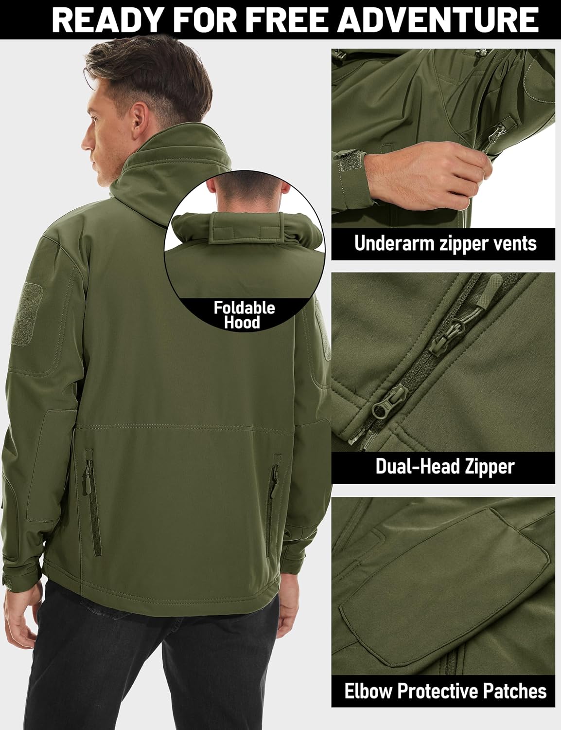 Detalle de TACVASEN XLTJ-73 Men's Tactical Soft Shell Jacket, Hooded, Waterproof and Fleece-Lined