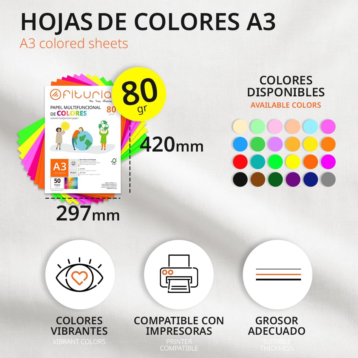Thumbnail 1 de Fogli Colorati Pacco 50 Fogli A3 80g – Carta colorata per lavoretti, stampante e scrapbooking