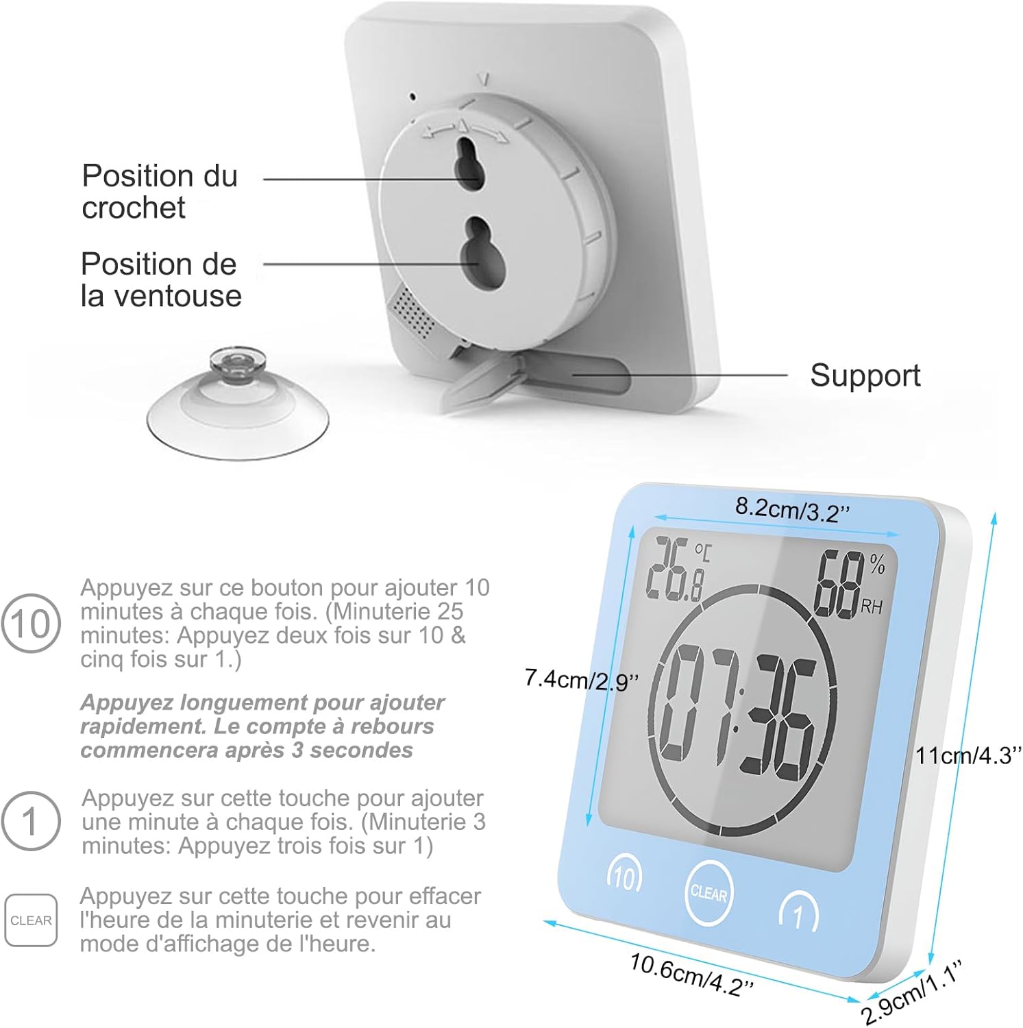 Thumbnail 4 de Horloge de salle de bain / douche tactile étanche avec alarme numérique LCD, thermomètre-hygromètre et minuterie (bleu)