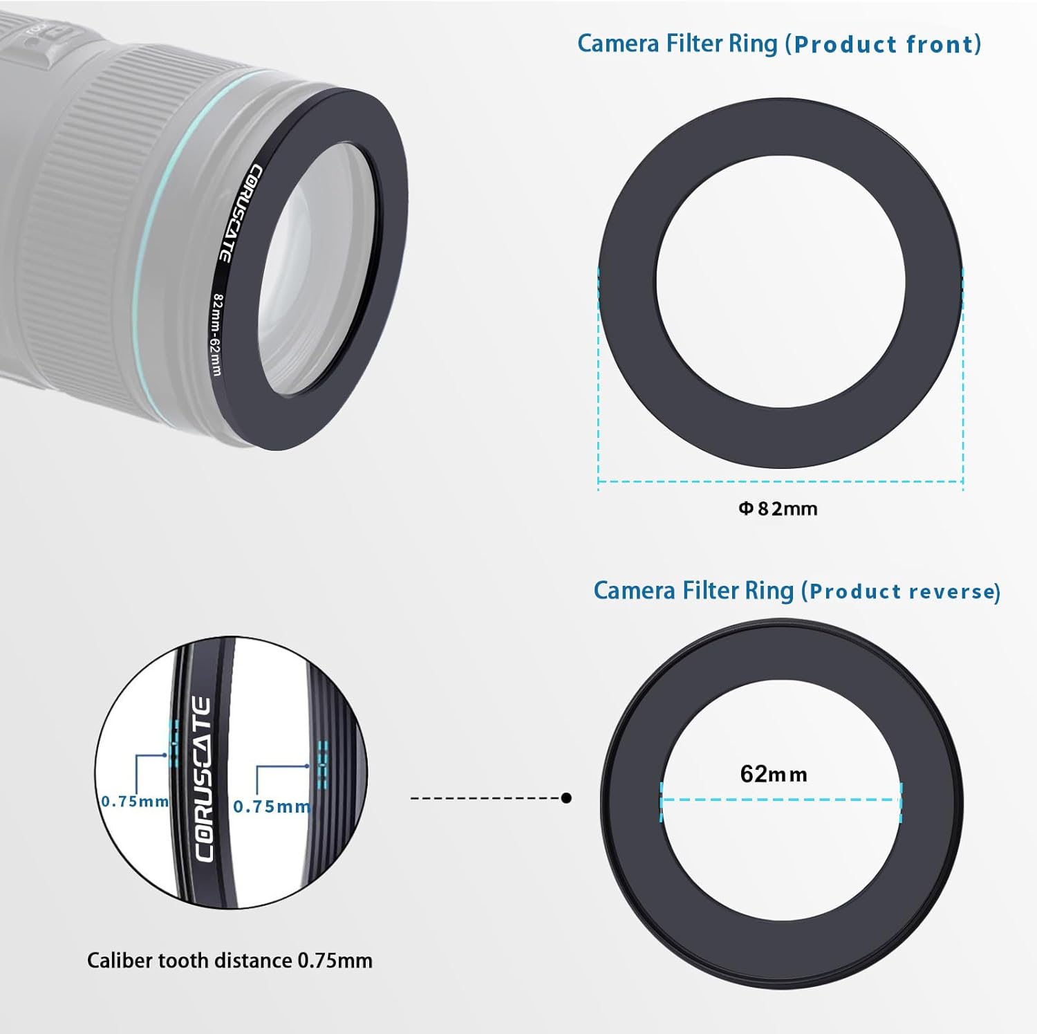 Detalle de 82mm auf 62mm Objektivadapter Ring – CNC-Aluminium Step-Down Ring inkl. Reinigungstuch