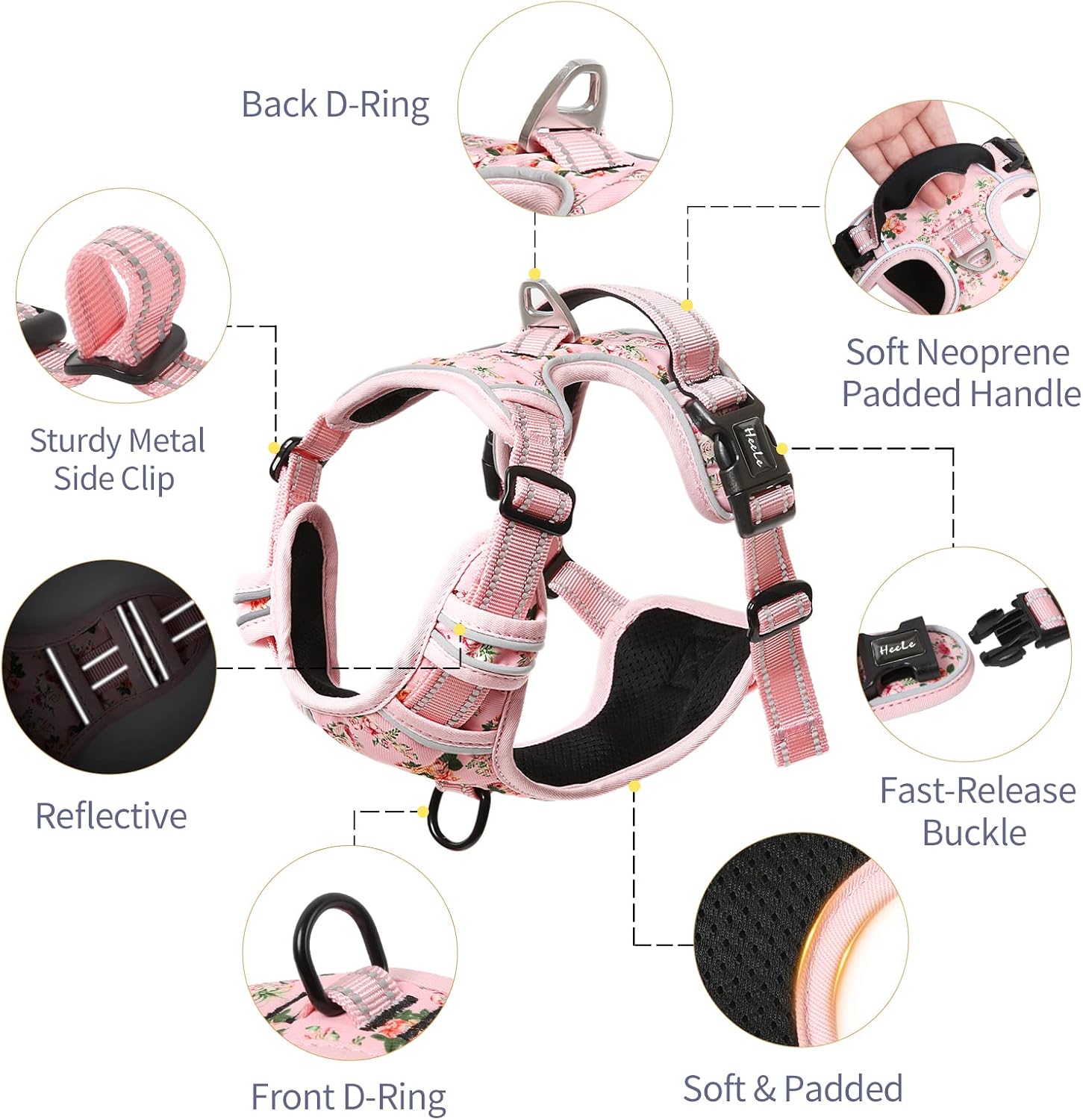 Detalle de HEELE Dog Harness for Small Dogs (No Pull) with Reflective Strips, Soft Padded Handle – Flower-Pink, Size S