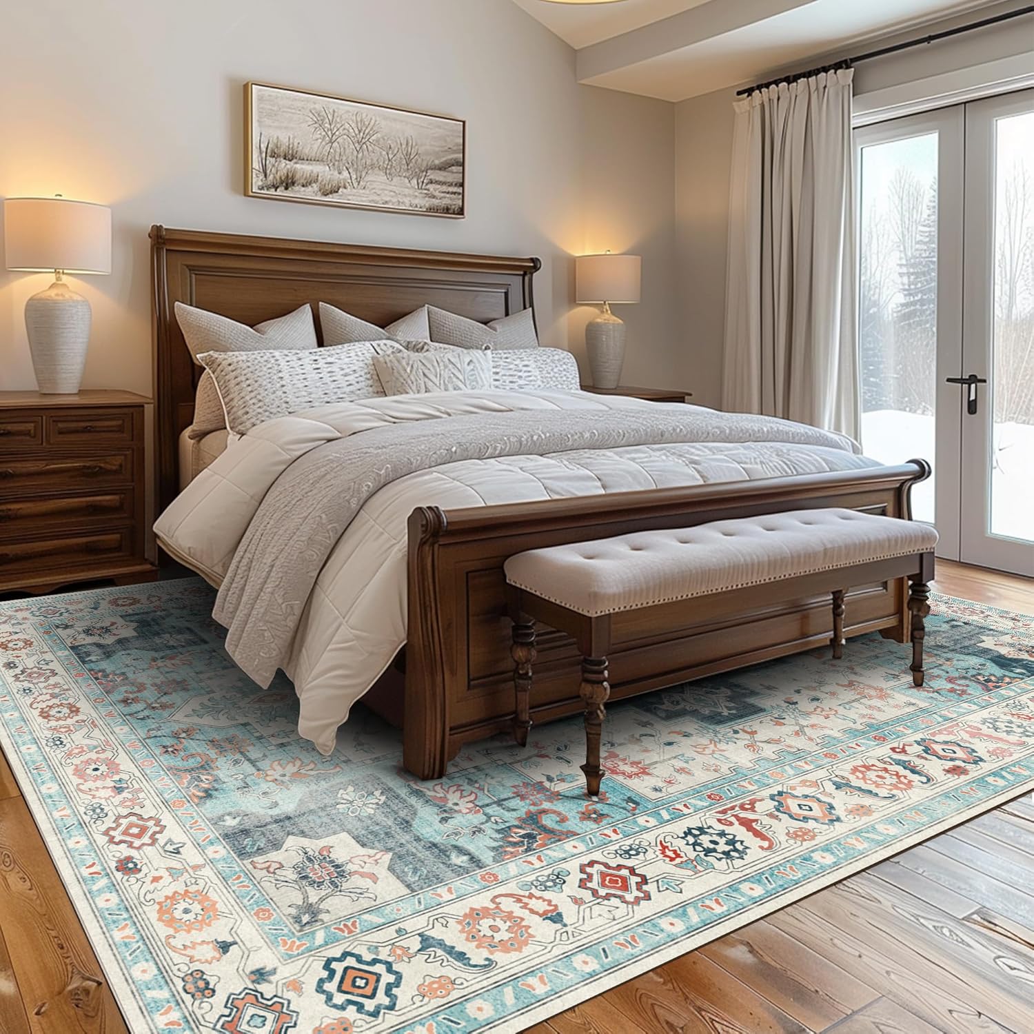 Detalle de GENIMO 8x10 Turquoise & White Area Rug — Non-Slip, Machine Washable, Low-Pile Vintage Print for Living Room