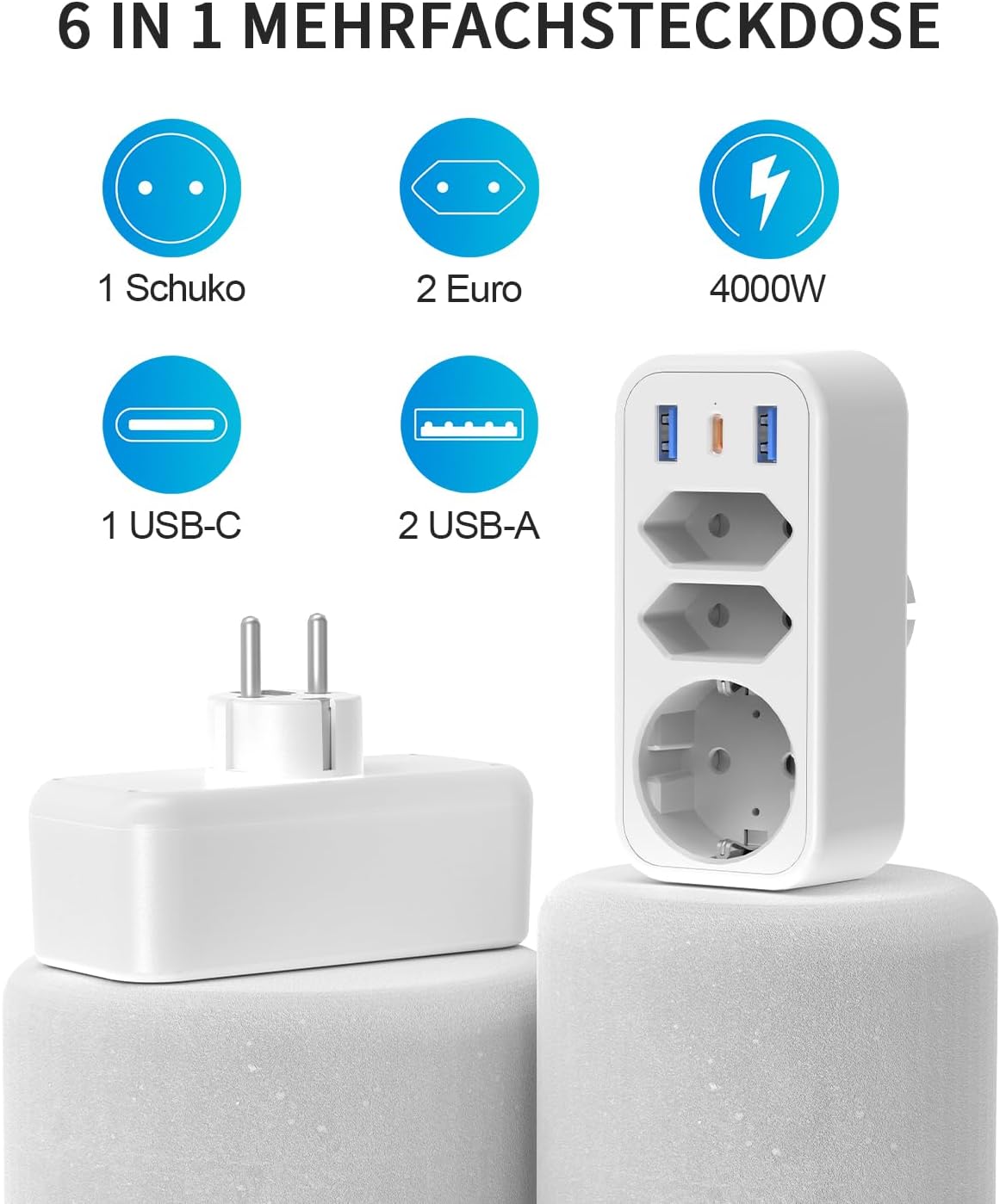 Thumbnail 2 de 6-in-1 Mehrfachstecker Steckdosenadapter mit PD20W USB‑C und 4000 W (16 A) – STGAROT 3-fach Steckdosenleiste ohne Kabel