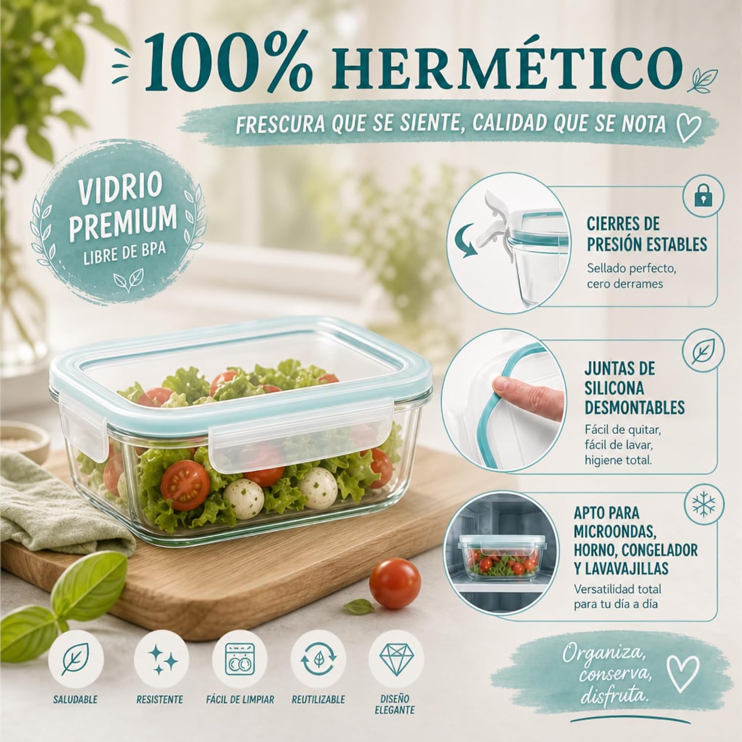 Detalle de edihome Recipientes de Cristal para alimentos, 14 piezas: set hermético con tapas y borosilicato, apto lavavajillas, congelador y microondas