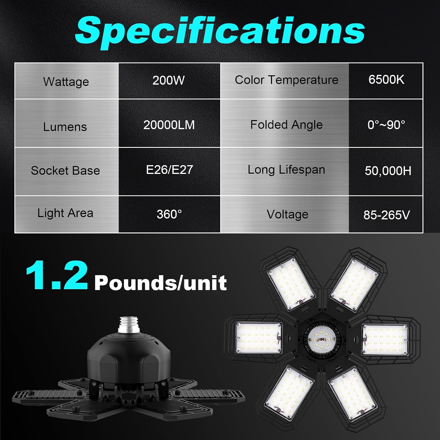 Thumbnail 6 de Luyata B085WVH9GP 2-Pack LED Garage Lights, 6 Adjustable Panels, 6500K