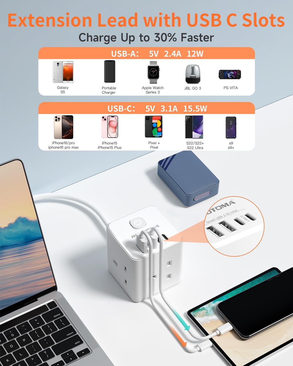 Thumbnail 3 de Extension Lead 5m with USB Slots – 3-Way Cube Power Extension with 4 USB (13A/3250W)