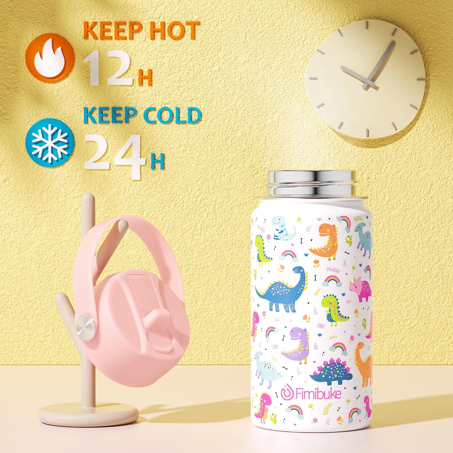 Detalle de Fimibuke Kids Insulated Water Bottle (14oz) BPA-Free Double-Wall Vacuum Tumbler, Leak-Proof Straw Cups — 2-Pack (Unicorn/White Dinosaur)