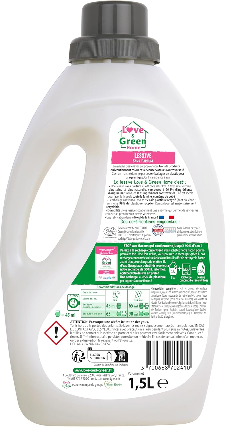 Thumbnail 1 de Love & Green Home Lessive écologique rechargeable sans parfum certifiée Dermatest 5 étoiles – 1,5 L (jusqu’à 33 lavages)