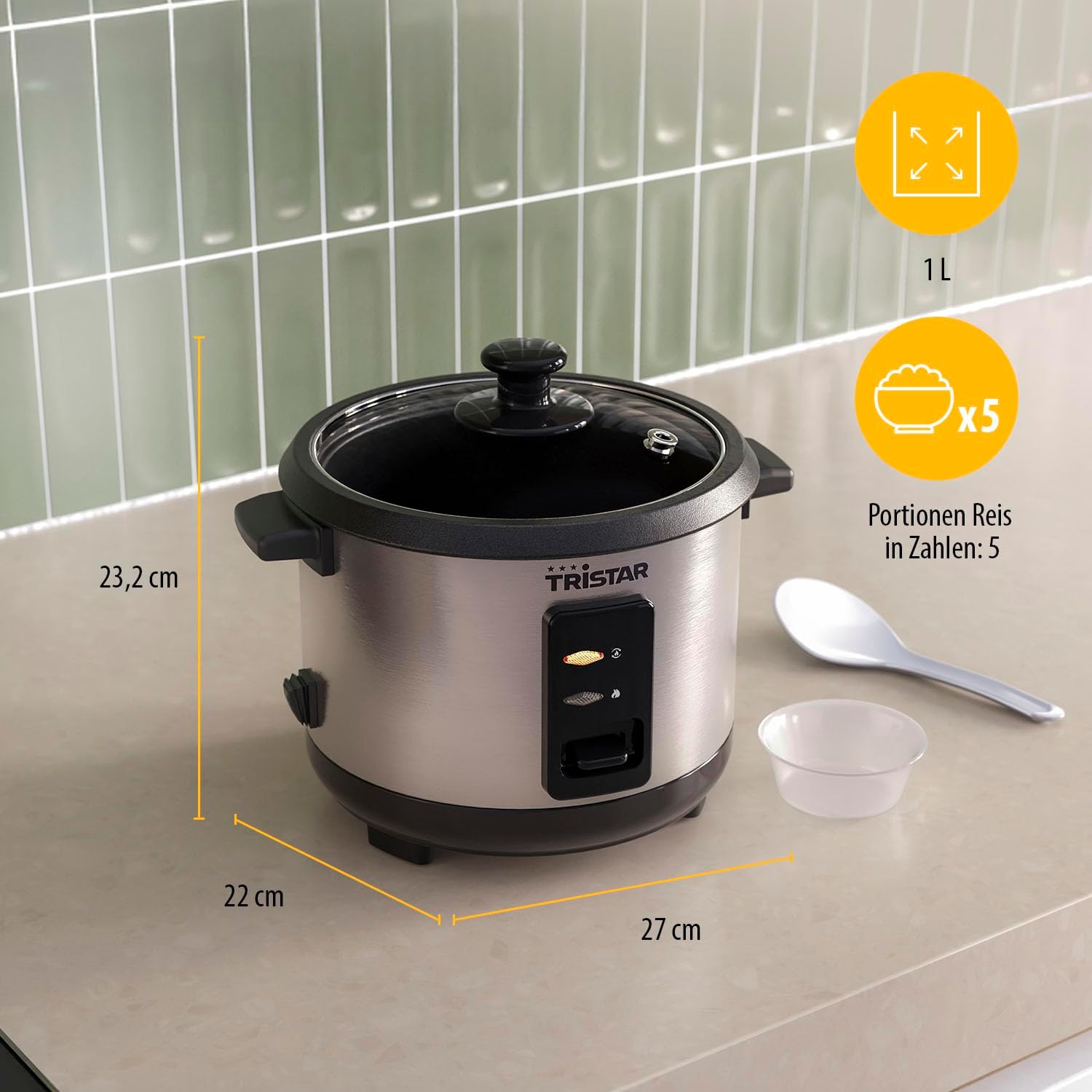 Detalle de Tristar Reiskocher RK-6144 – 1 L Kapazität für bis zu 5 Portionen, Edelstahlgehäuse, Dampfeinsatz, Antihaft-Innentopf, Warmhaltefunktion