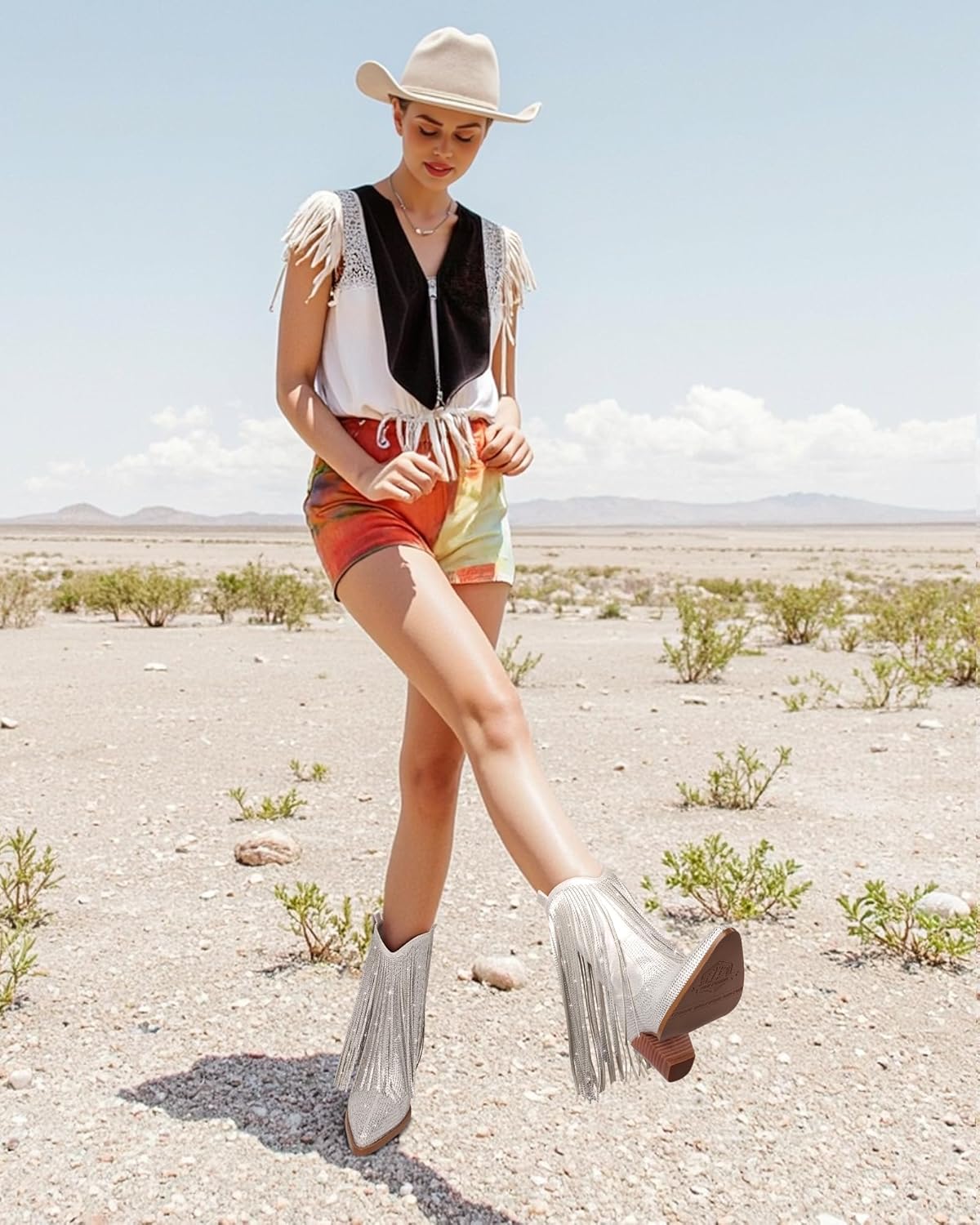Thumbnail 1 de Ouepiano Women’s Cowboy Boots with Rhinestones, Sparkly Fringe & 2.76" Stacked Heel
