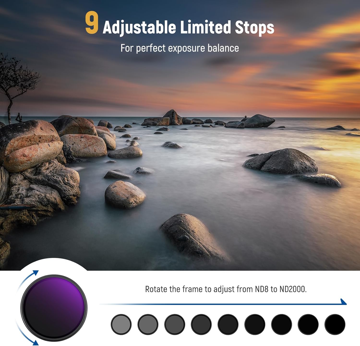 Thumbnail 1 de Neewer 82mm Variable ND Filter (ND8–2000) with hard stop for DSLR and mirrorless