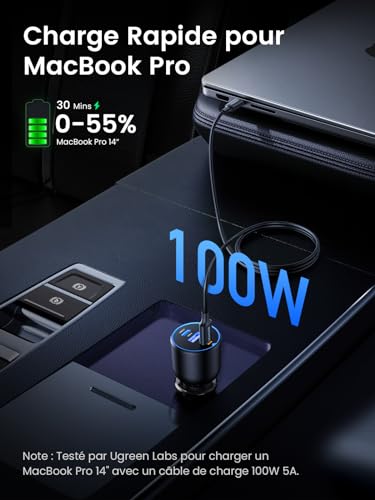 Detalle de UGREEN 130W Chargeur Allume Cigare 3 Ports USB-C 100W – Charge rapide pour voiture