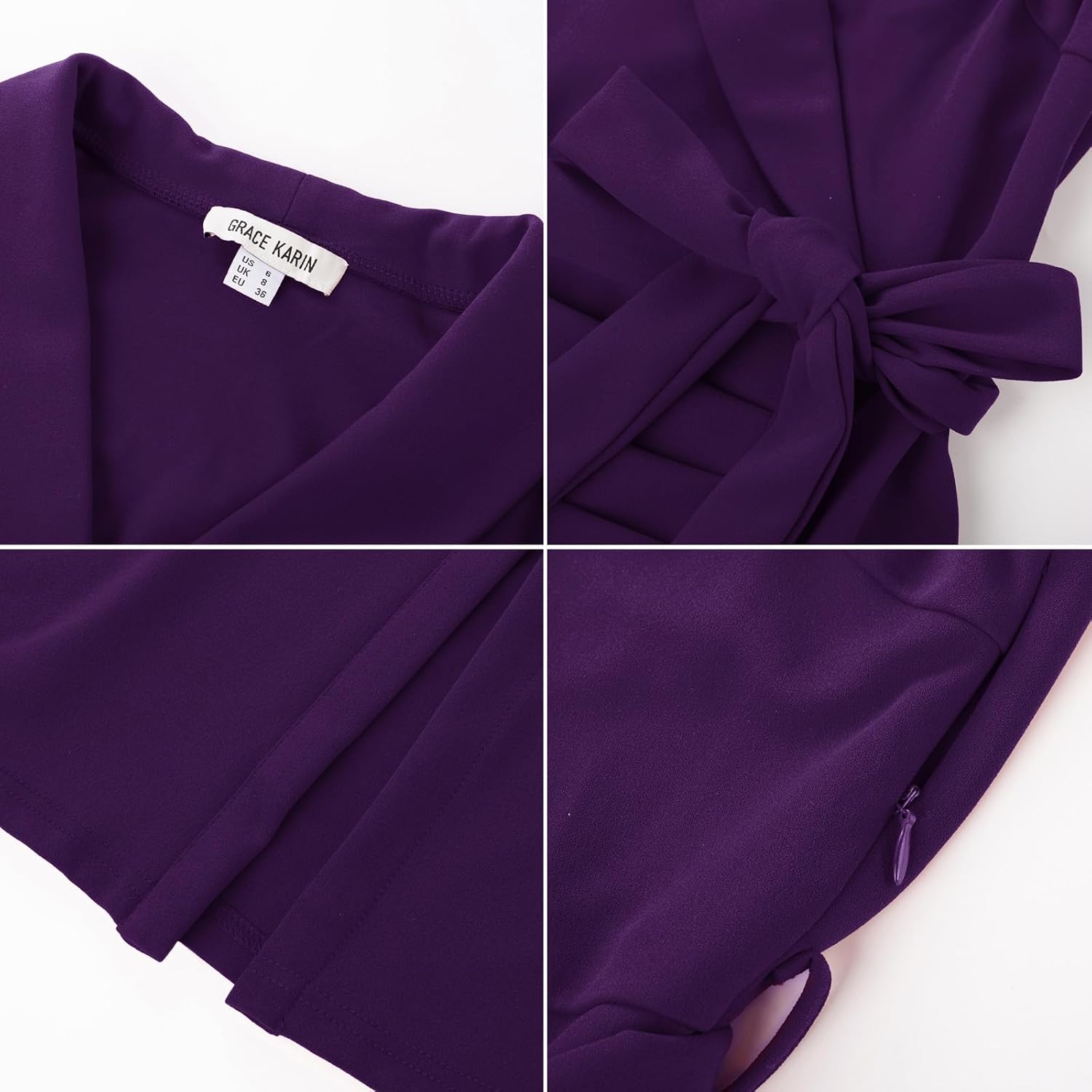 Detalle de GRACE KARIN Robe Fourreau Femme sans Manches Col Châle Mi-Mollet avec Ceinture Amovible et Fente Élégante