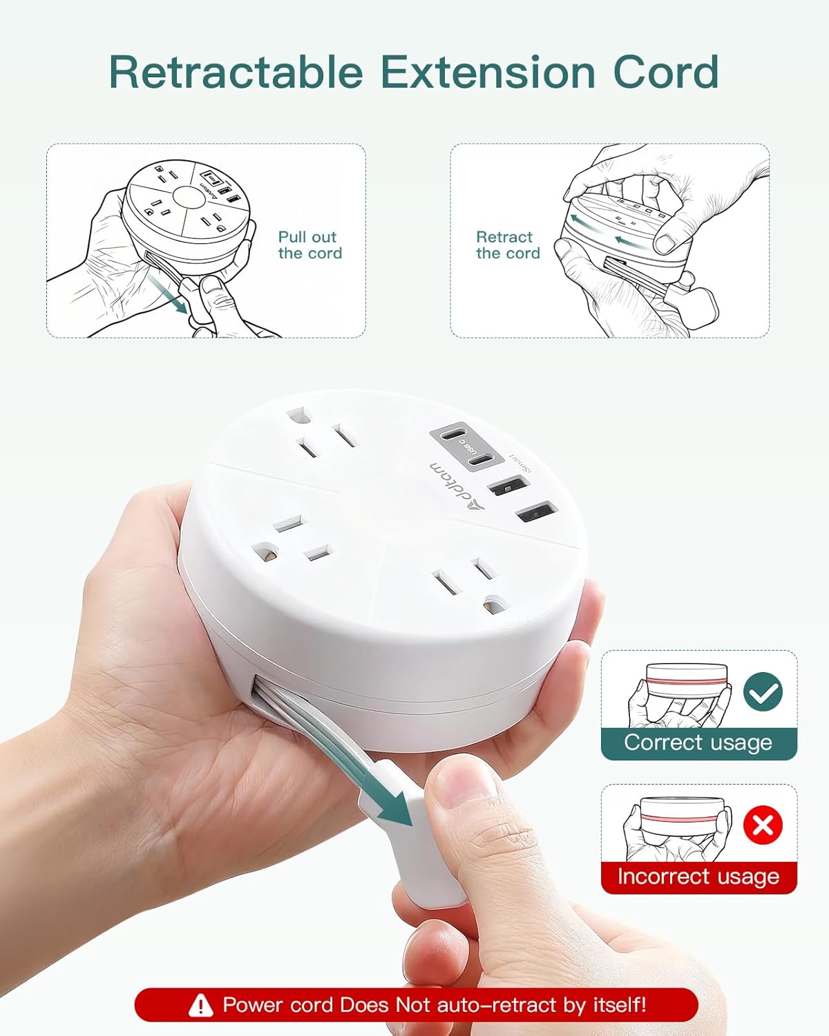 Thumbnail 1 de Addtam Travel Essentials Cruise Approved 7-in-1 Power Strip with Retractable Cord