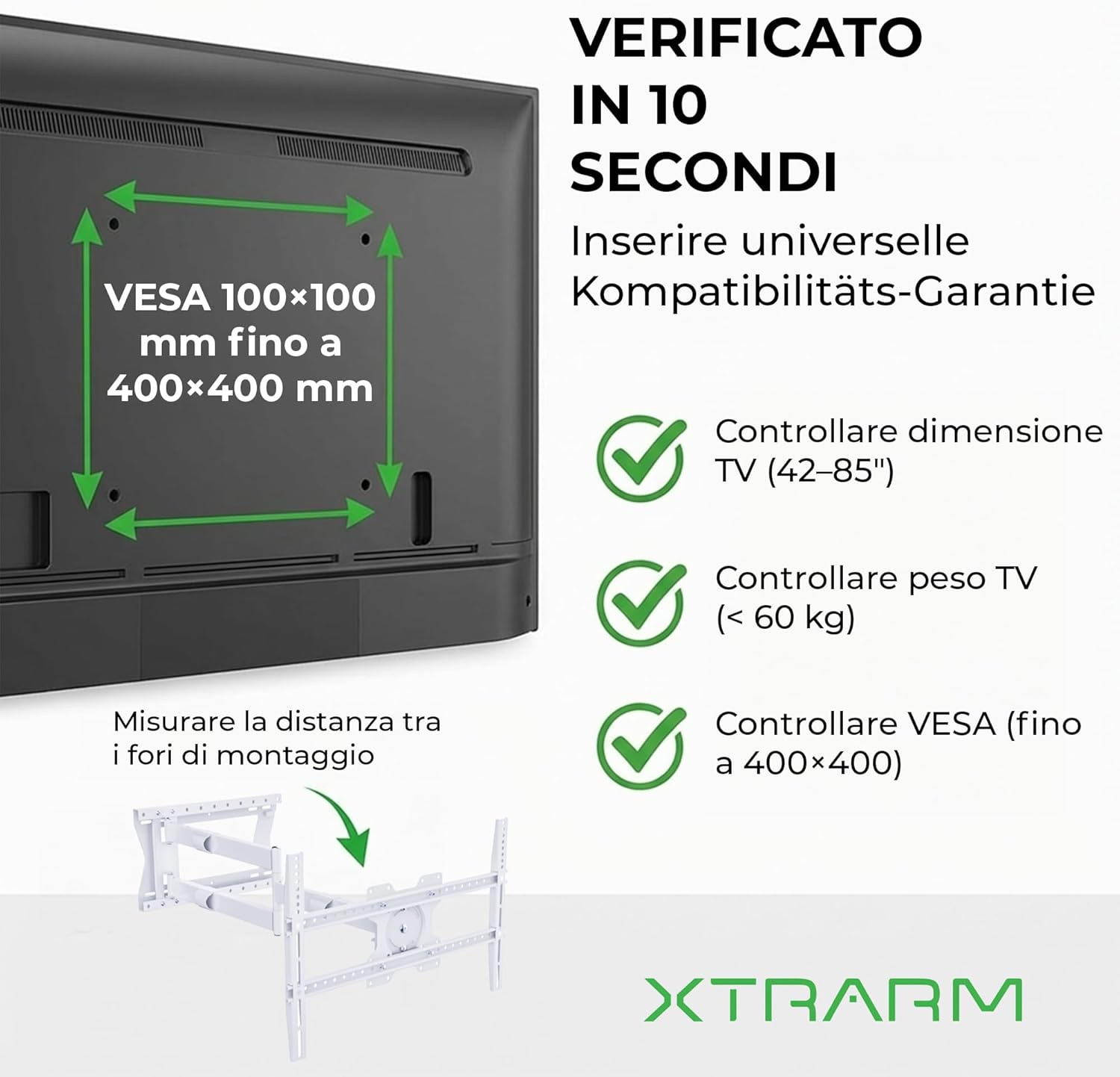 Thumbnail 5 de XTRARM TiTon Flex 80 cm supporto TV da parete bianco per TV 42–85 pollici (fino a 80 cm, VESA 400x400, portata 60 kg)