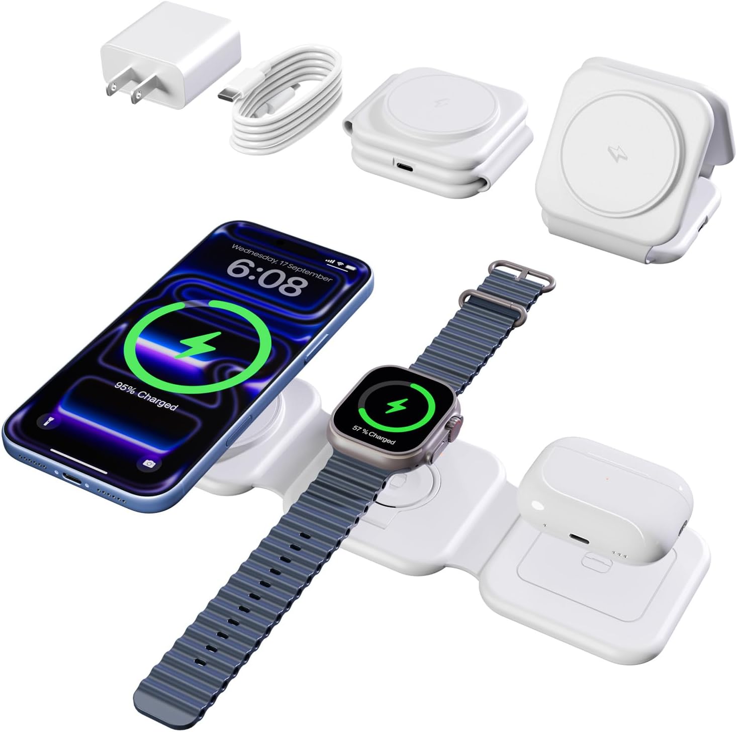 15W Magnetic Travel Charging Station: 3-in-1 Foldable MagSafe Charger for iPhone, Watch & AirPods