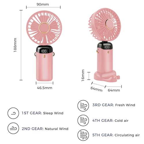 Detalle de Jsdoin Ventilador de mano portátil 5 velocidades: plegable, recargable USB y con pantalla LED (rosa)