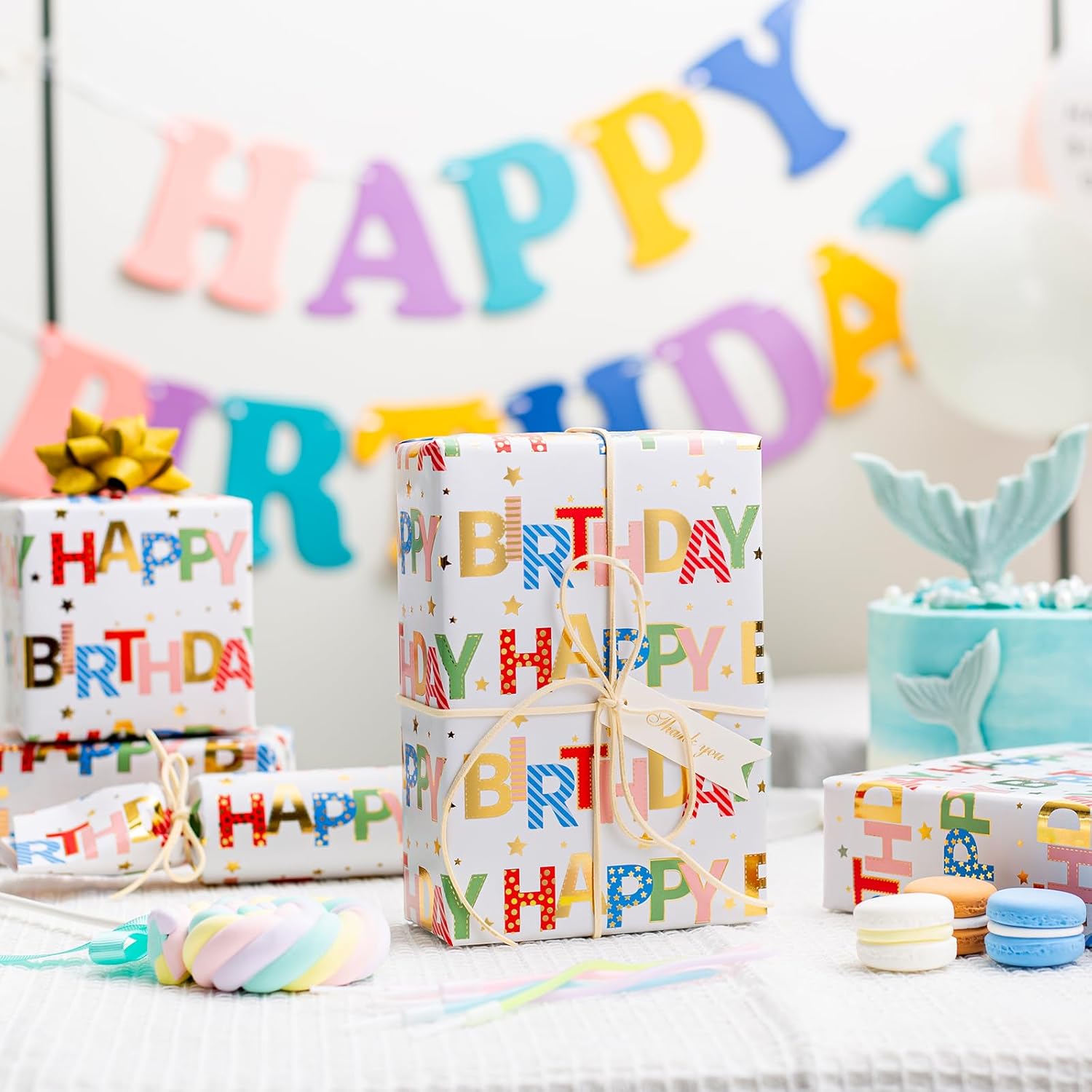 Thumbnail 3 de WIKADLIK Colorful Birthday Wrapping Paper Roll – 43 cm x 10 m with Gold Foil Happy Birthday Lettering