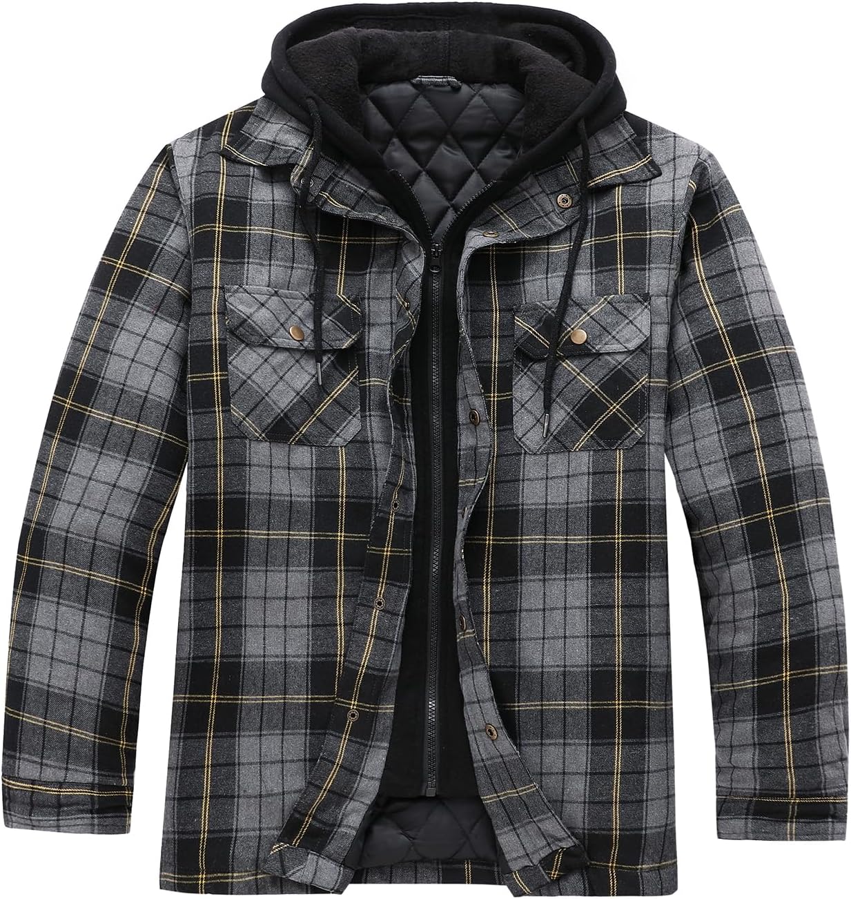 Detalle 2 de ZENTHACE Z190628 Men's Quilted Hooded Plaid Jacket with Zip, Snaps & Six Pockets