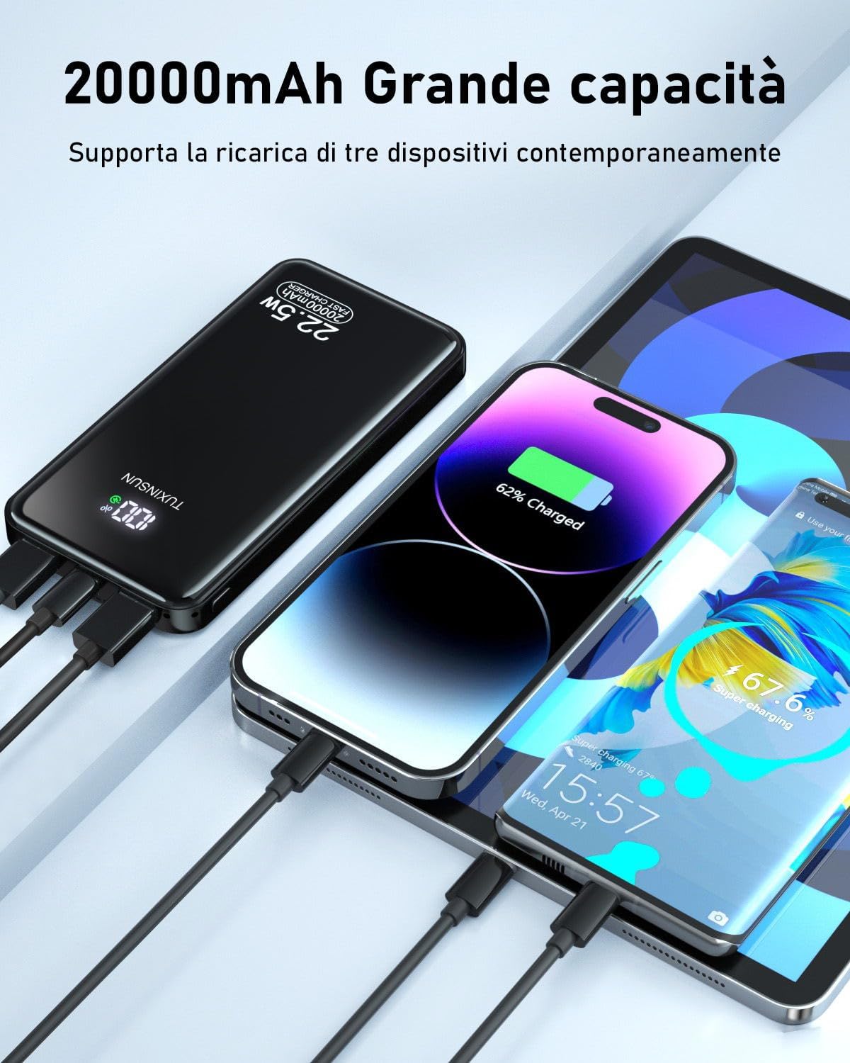Thumbnail 3 de Power Bank 20000mAh PD3.0 QC4.0 22,5W di TUXINSUN – Caricatore Portatile con Display LCD