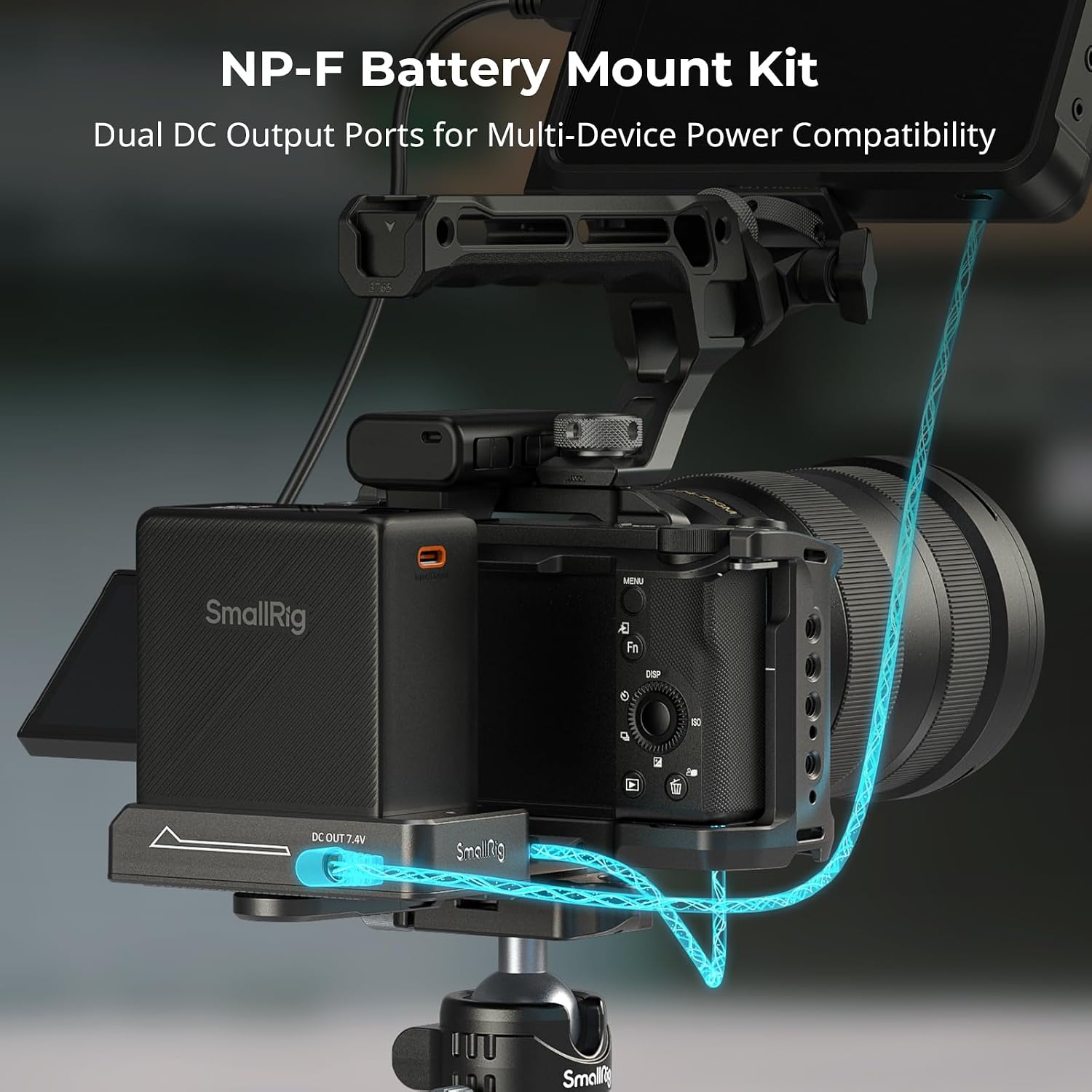 Detalle 2 de SMALLRIG 4696 NP-F-accuadapterplaat met Arca-Swiss-snelkoppeling en dubbele DC-uitgang