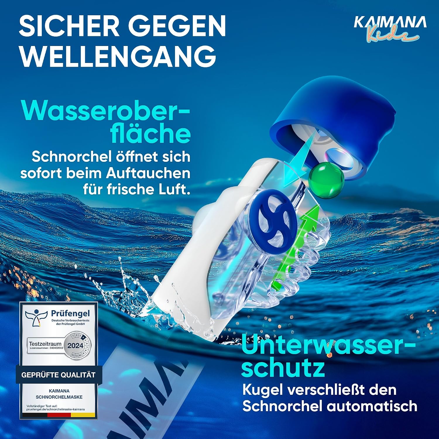 Detalle 2 de KAIMANA Schnorchelmaske Kinder – Vollgesichtsmaske inkl. Tragetasche, CO2-sicher (3–12 Jahre)