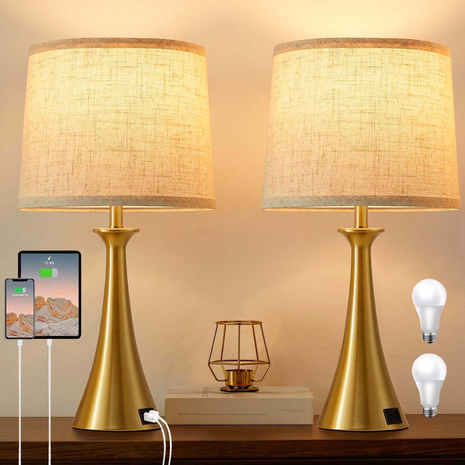 Detalle de Hikczc H-2T-139-B Touch Table Lamps, Set of 2, Gold with USB-C/A