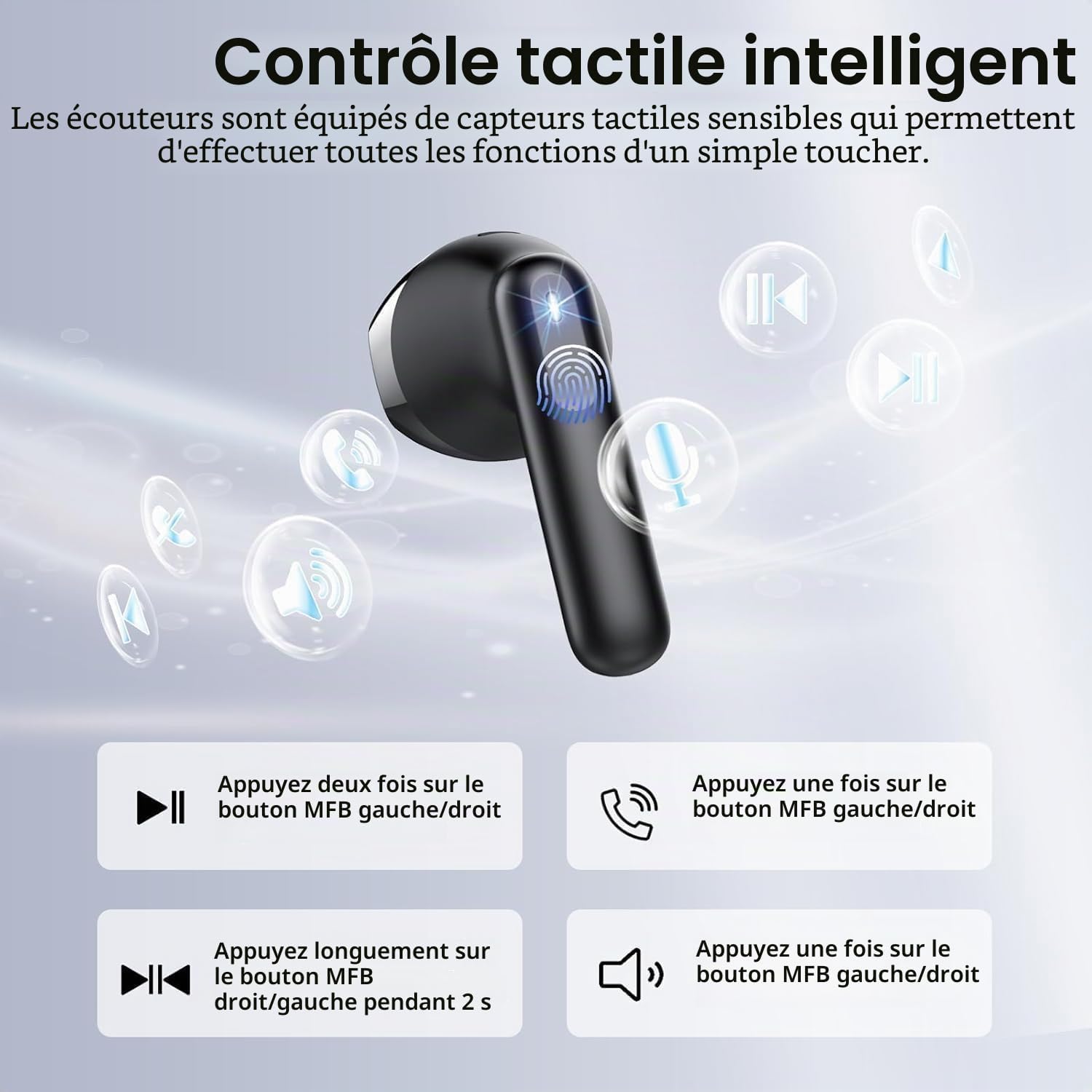 Detalle de Écouteurs Bluetooth sans fil Bluetooth 5.4 avec réduction de bruit ENC, 4 micros et autonomie jusqu’à 40 h (USB‑C, IP7)