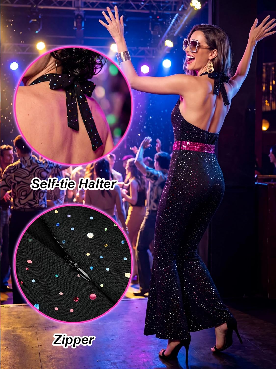 Detalle 1 de SOMSOC 70s Disco Jumpsuit Costume Set with Sequin Flared Legs and Accessories