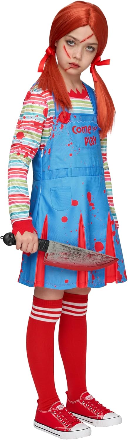 Detalle de Spooktacular Creations Creepy Doll Costume for Kids with Rainbow Shirt and Knee-High Socks