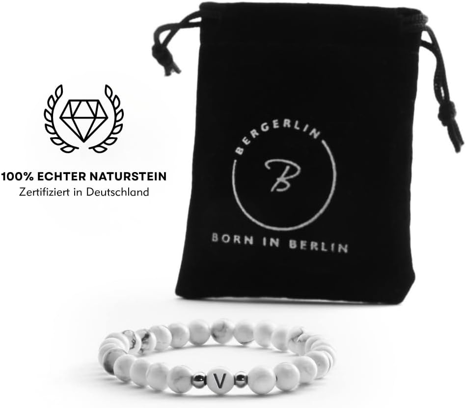 Detalle 2 de BERGERLIN Buchstaben Armband Weiss – Naturstein Magnesit mit Echtheitszertifikat
