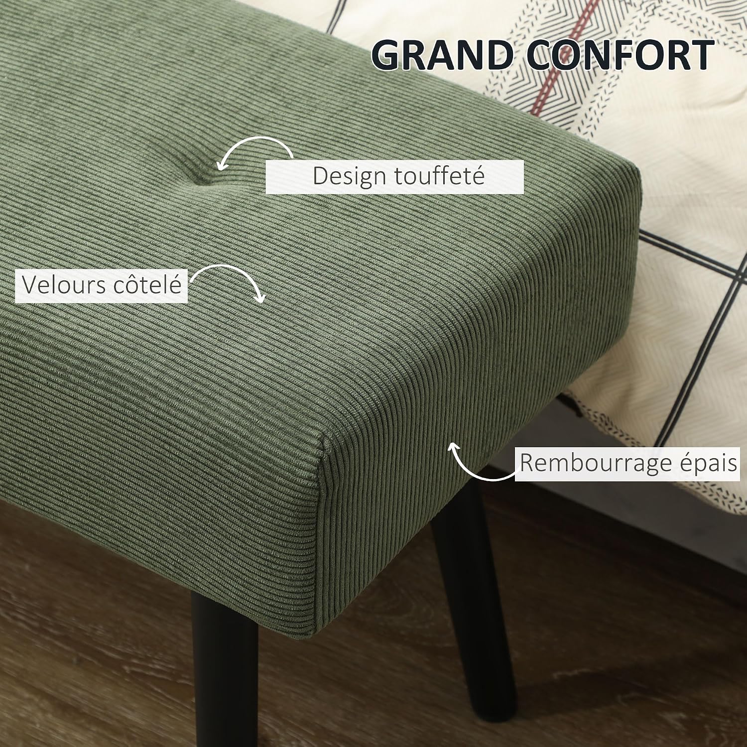 Detalle de HOMCOM banc banquette moderne rembourré en velours côtelé vert (bout de lit) sur pieds en acier noir, 100 x 36 x 45 cm