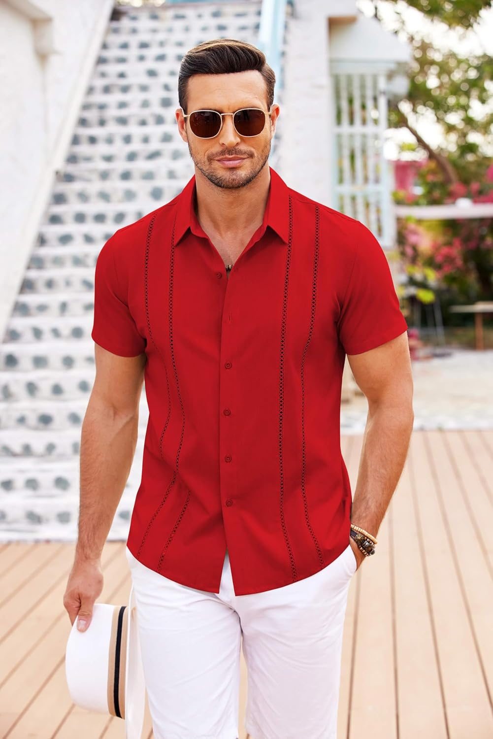Thumbnail 1 de COOFANDY Men’s Cuban Guayabera Short-Sleeve Button-Down Shirt (Summer Linen-Style)
