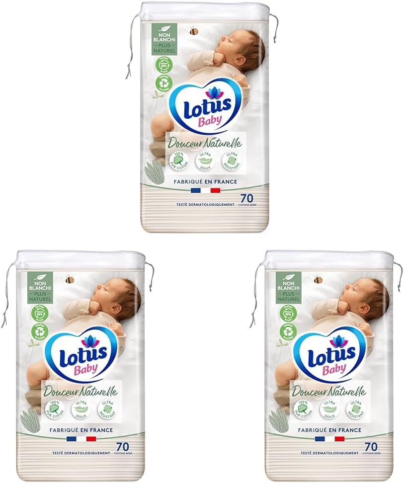 Detalle de Lotus Baby Peau Nette – Cotons bébé 510 carrés (6 paquets de 85) – coton naturel, douceur et fiabilité