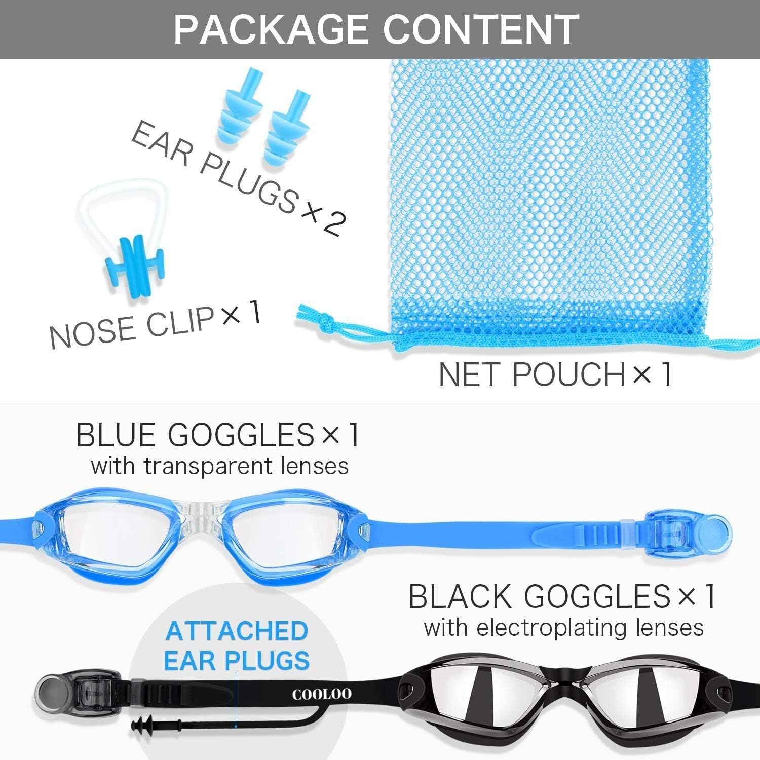 Thumbnail 6 de COOLOO Swimming Goggles (2 Pack) with Anti-fog & UV Protection, Adjustable Strap and Nose Clip
