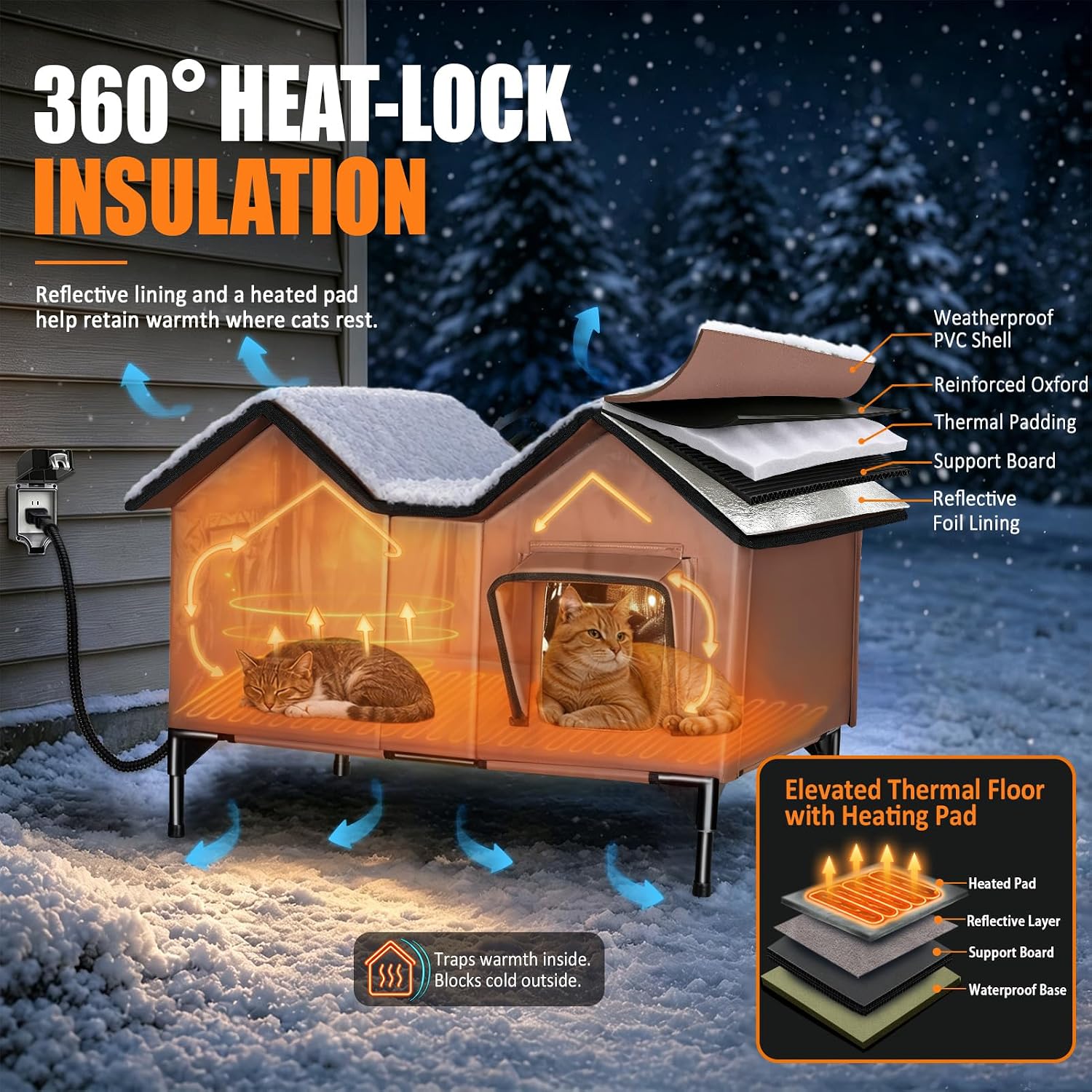 Detalle de GUZROK GA7413 Heated Outdoor Cat House, Insulated 1500 GSM Body, 2 Doors