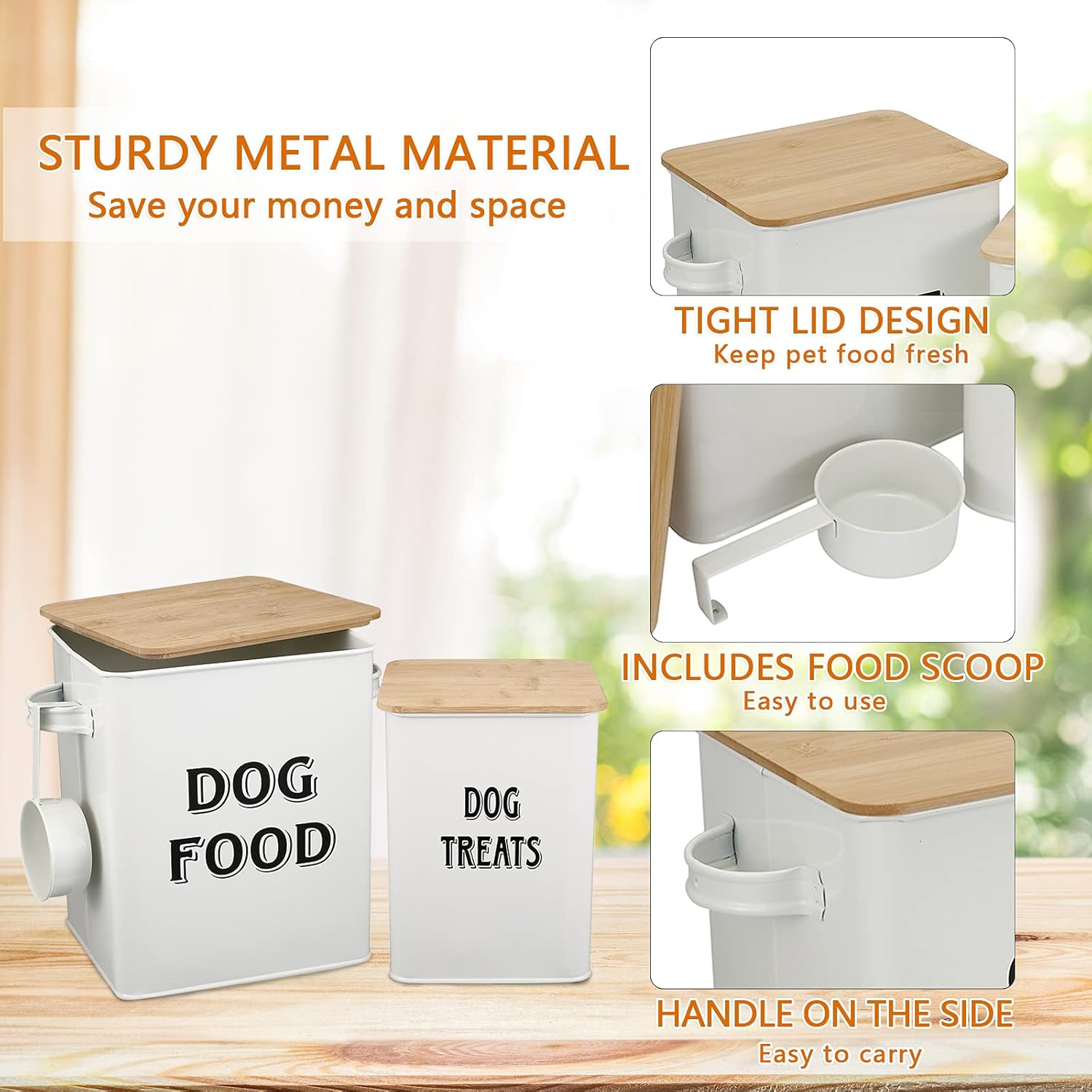 Detalle 2 de Pet Food and Treats Containers Set with Scoop – Beige Powder-Coated Carbon Steel Tins, Tight-Fitting Wood Lids
