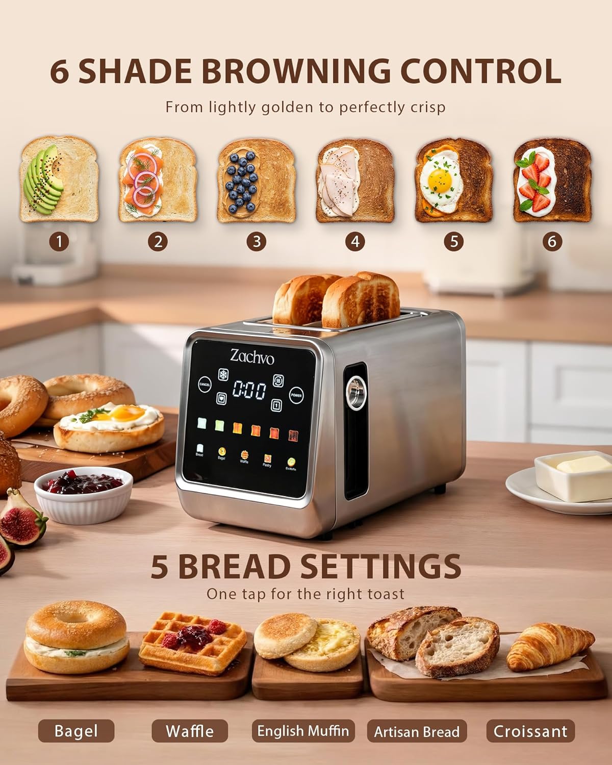 Thumbnail 4 de 2 Slice Touchscreen Toaster with Stainless Steel Finish — 3.5cm Slots, Memory Function & Single-Side Toasting