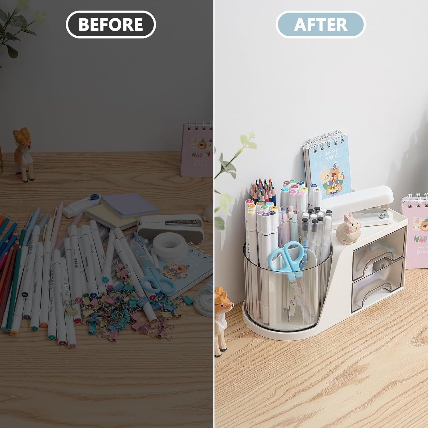 Detalle de RISEMART Drehbarer Schreibtischorganizer mit 2 Schubladen – 4 Fächer, Stifthalter und oberes Regalorganizer
