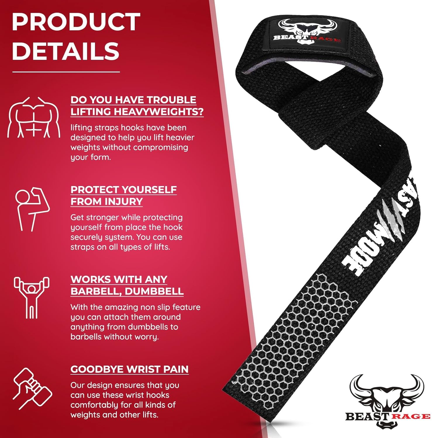 Detalle de BEAST RAGE Weight Lifting Straps with Padded Neoprene Wrist Support – Heavy Duty Cotton Wraps
