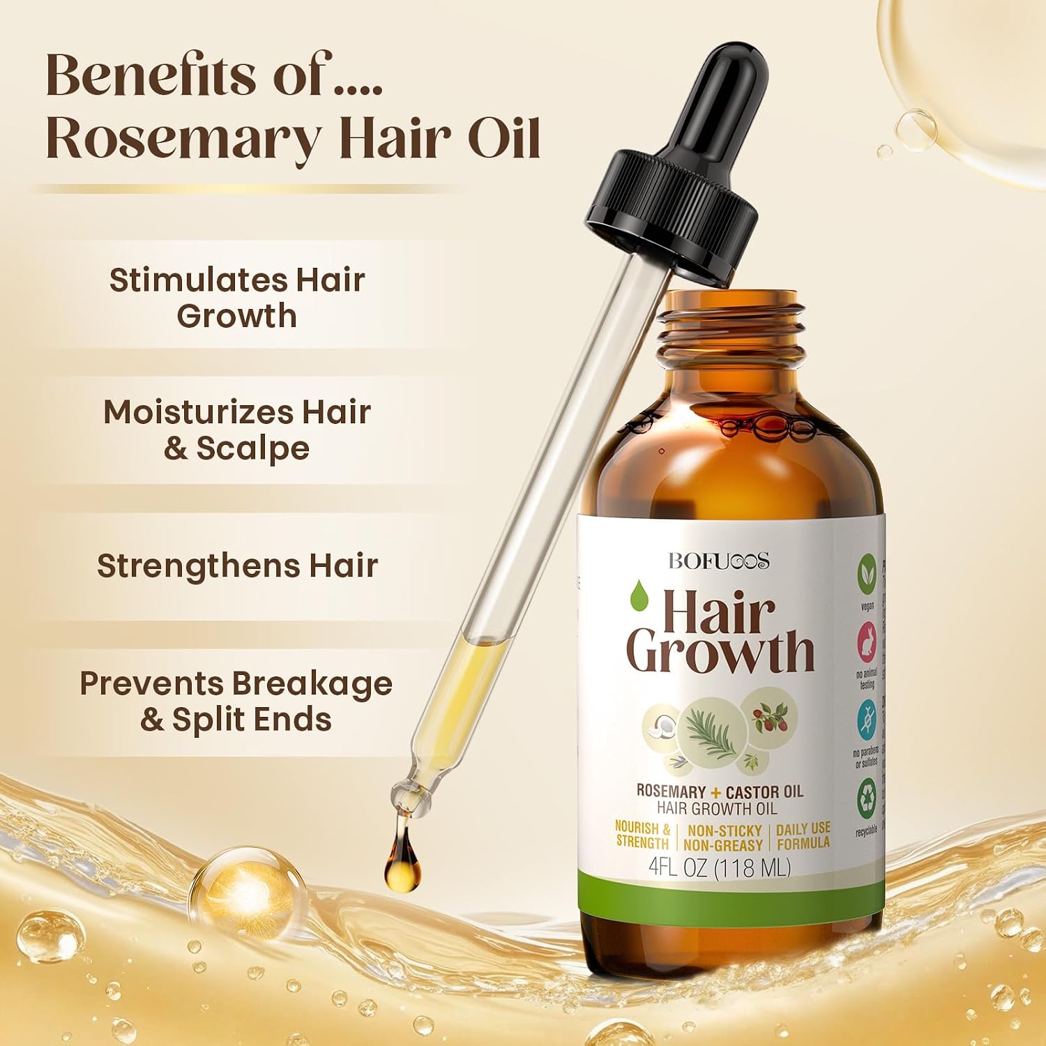 Detalle 2 de Bofuoos Rosemary Oil for Hair Growth & Castor Oil Scalp Massager Set (118ml) for strengthening and soothing