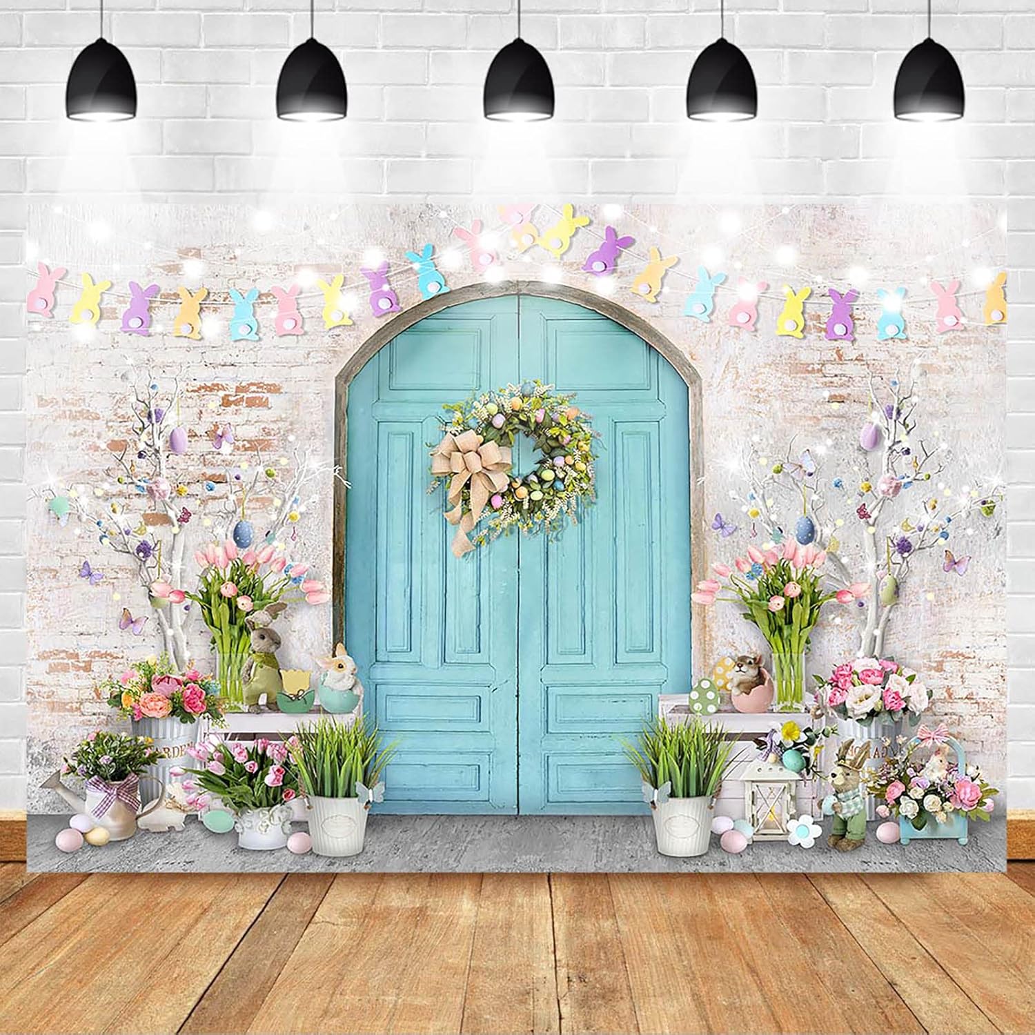 Thumbnail 2 de Avezano Easter Backdrop Blue Wooden Doors Brick Wall – 7x5ft