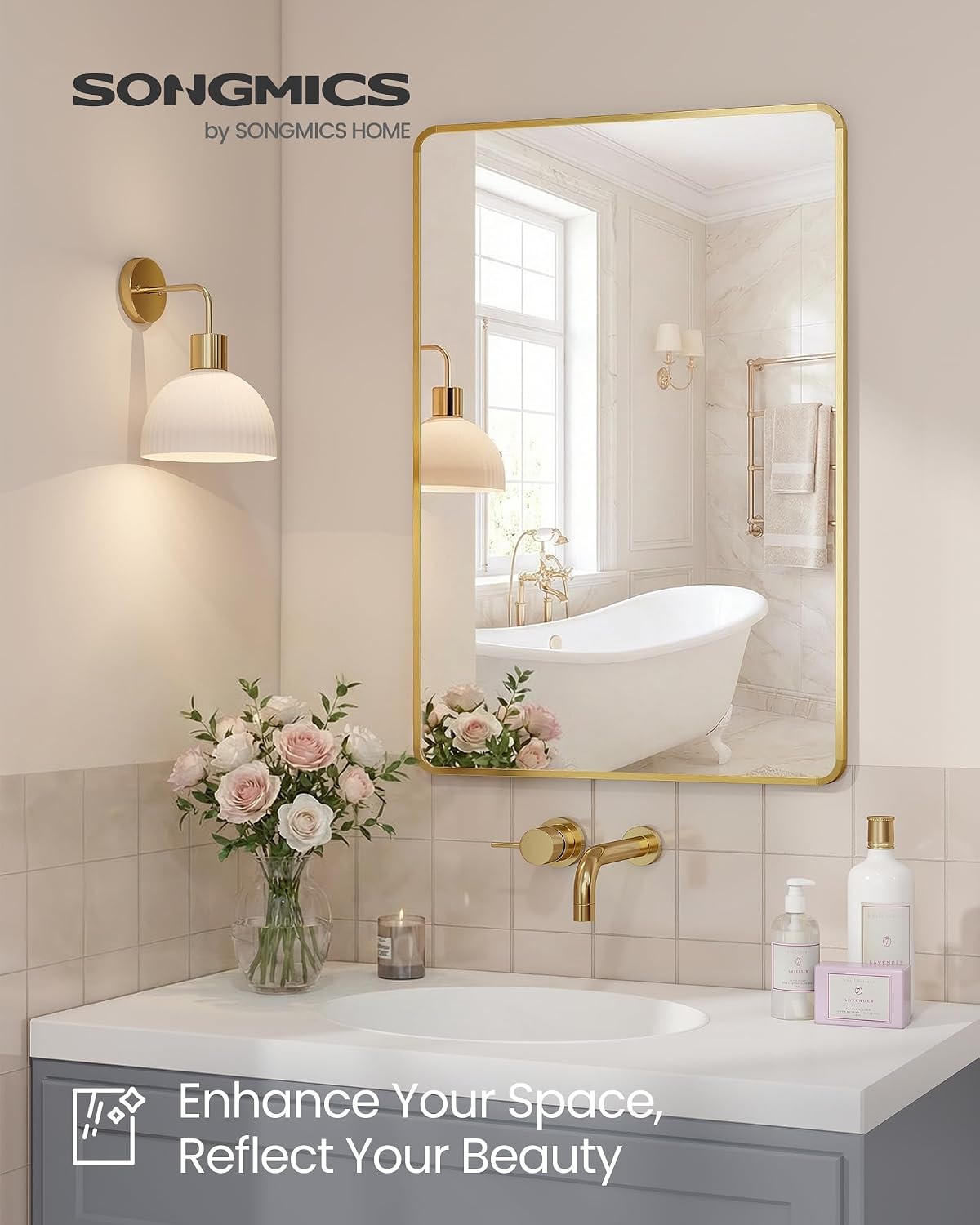Thumbnail 1 de SONGMICS Berit LWM010AB01 Wall-Mounted Bathroom Mirror, 61 x 91 cm, Pale Gold