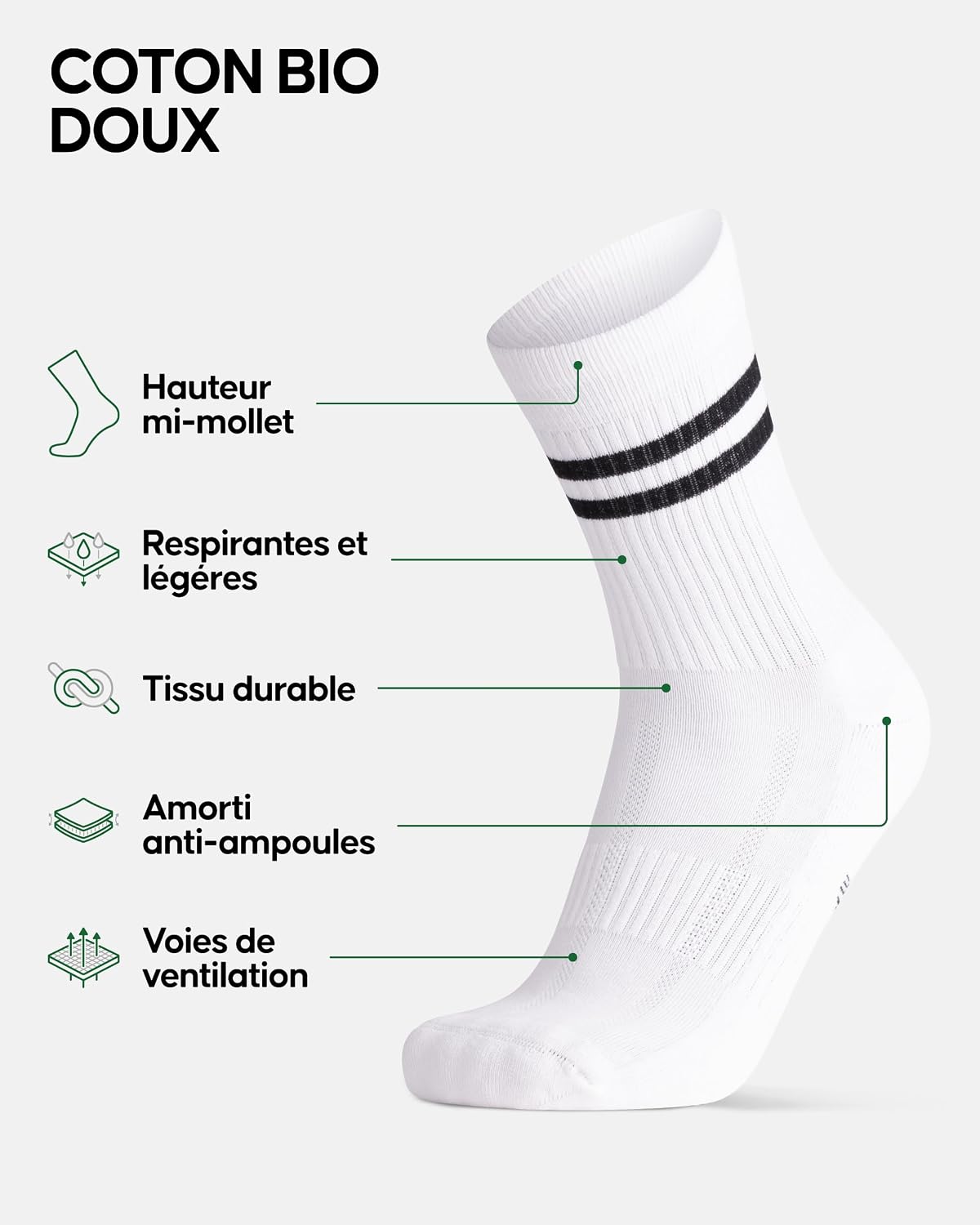Detalle 2 de Danish Endurance Chaussettes de tennis et sport en coton bio (lot de 3 ou 6)
